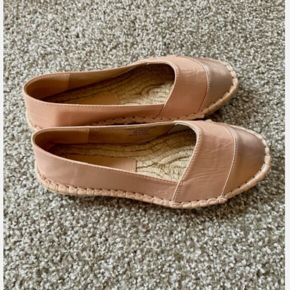 NWOT ASOS Espadrille Flat Pink Blush Faux Leather Rose Gold Metallic Toe Cap - Picture 2 of 4